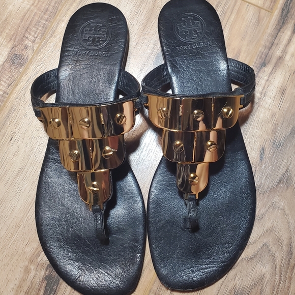 Tory Burch Shoes - Tory Burch Black Leather Gold Sandals